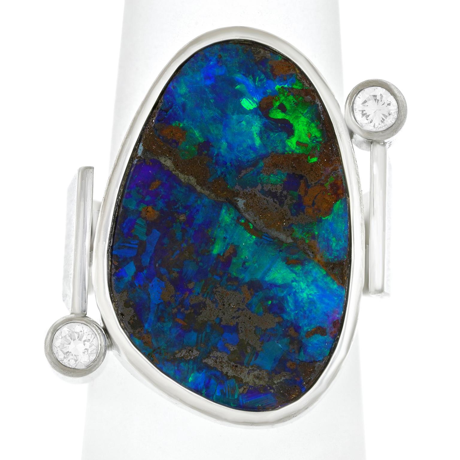 Cabochon Modernist 18k Opal and Diamond Ring