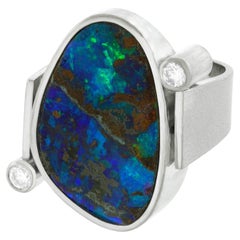 Vintage Modernist 18k Opal and Diamond Ring