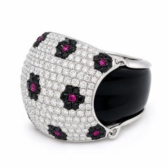 MODERNIST 18K White Gold Diamond, Pink Sapphire and Onyx Floral Bombe Ring