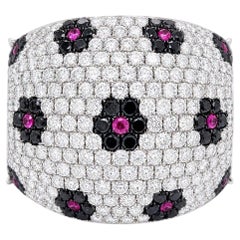 MODERNIST 18K White Gold Diamond, Pink Sapphire and Onyx Floral Bombe Ring