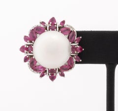 Modernist 18K White Gold, Diamond, Ruby, and Pearl Earrings