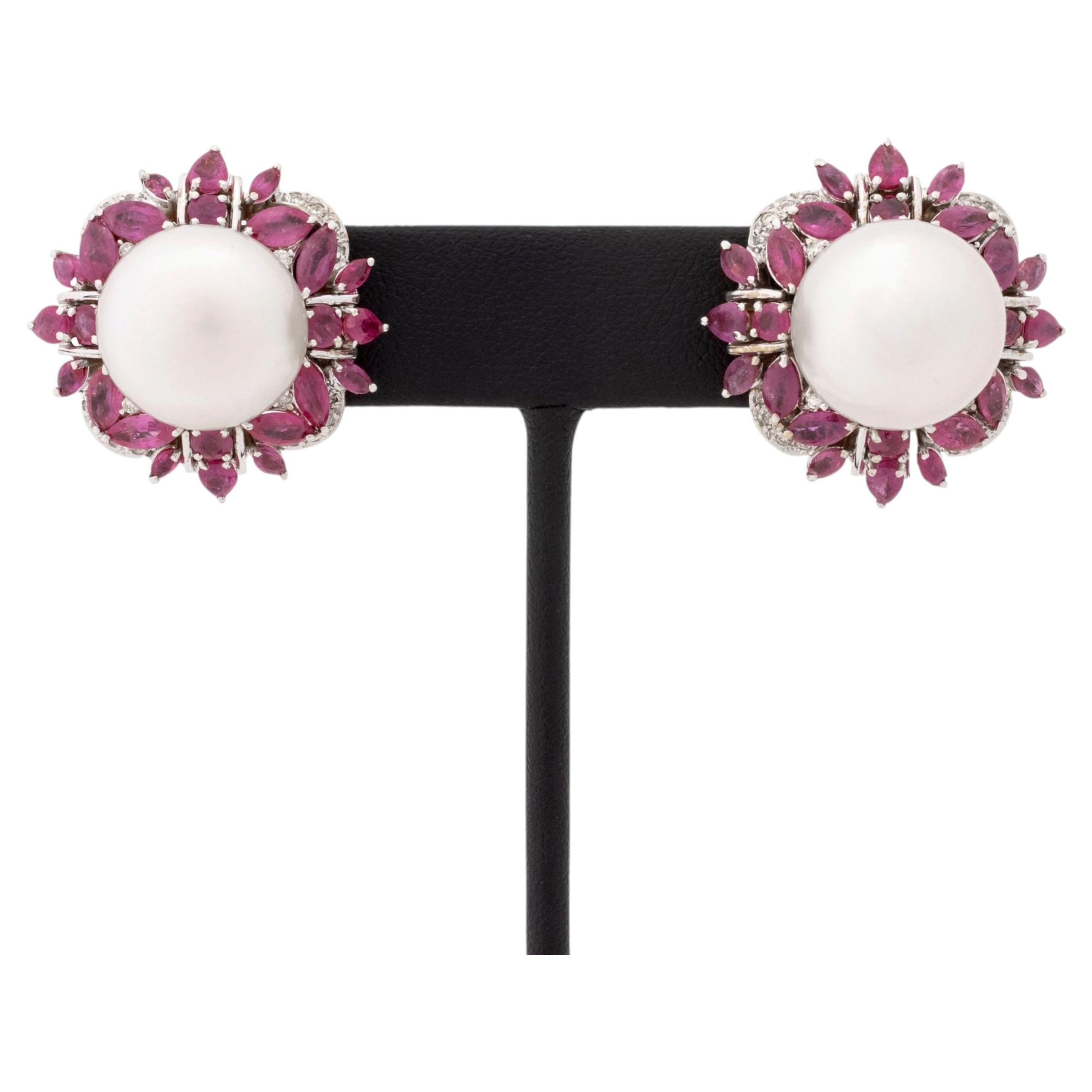 Modernist 18K White Gold, Diamond, Ruby, and Pearl Earrings For Sale