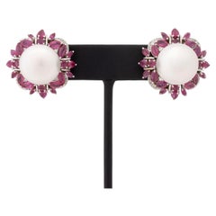 Modernist 18K White Gold, Diamond, Ruby, and Pearl Earrings