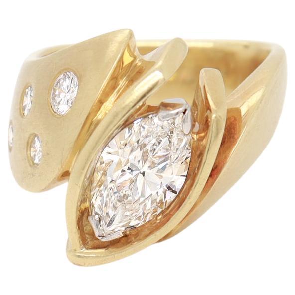 Modernist 18K Yellow Gold & Marquise Brilliant Cut Diamond Signet Style Ring