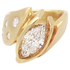 Vintage Modernist 18K Yellow Gold & Marquise Brilliant Cut Diamond Signet Style Ring