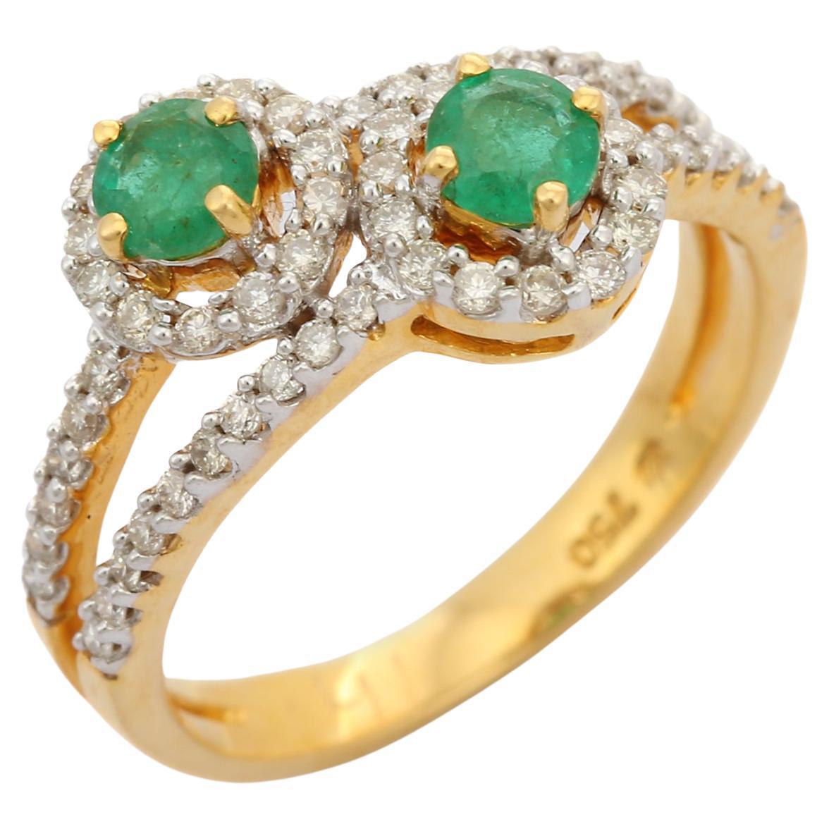 Modernist 18K Yellow Gold Natural Emerald Engagement Ring with Diamonds