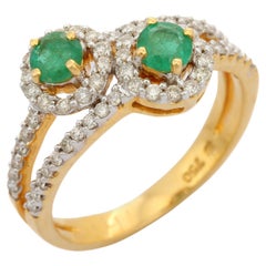 Used Modernist 18K Yellow Gold Natural Emerald Engagement Ring with Diamonds