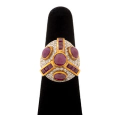 Modernist 18K Yellow Gold Ruby and Diamond Cocktail Ring