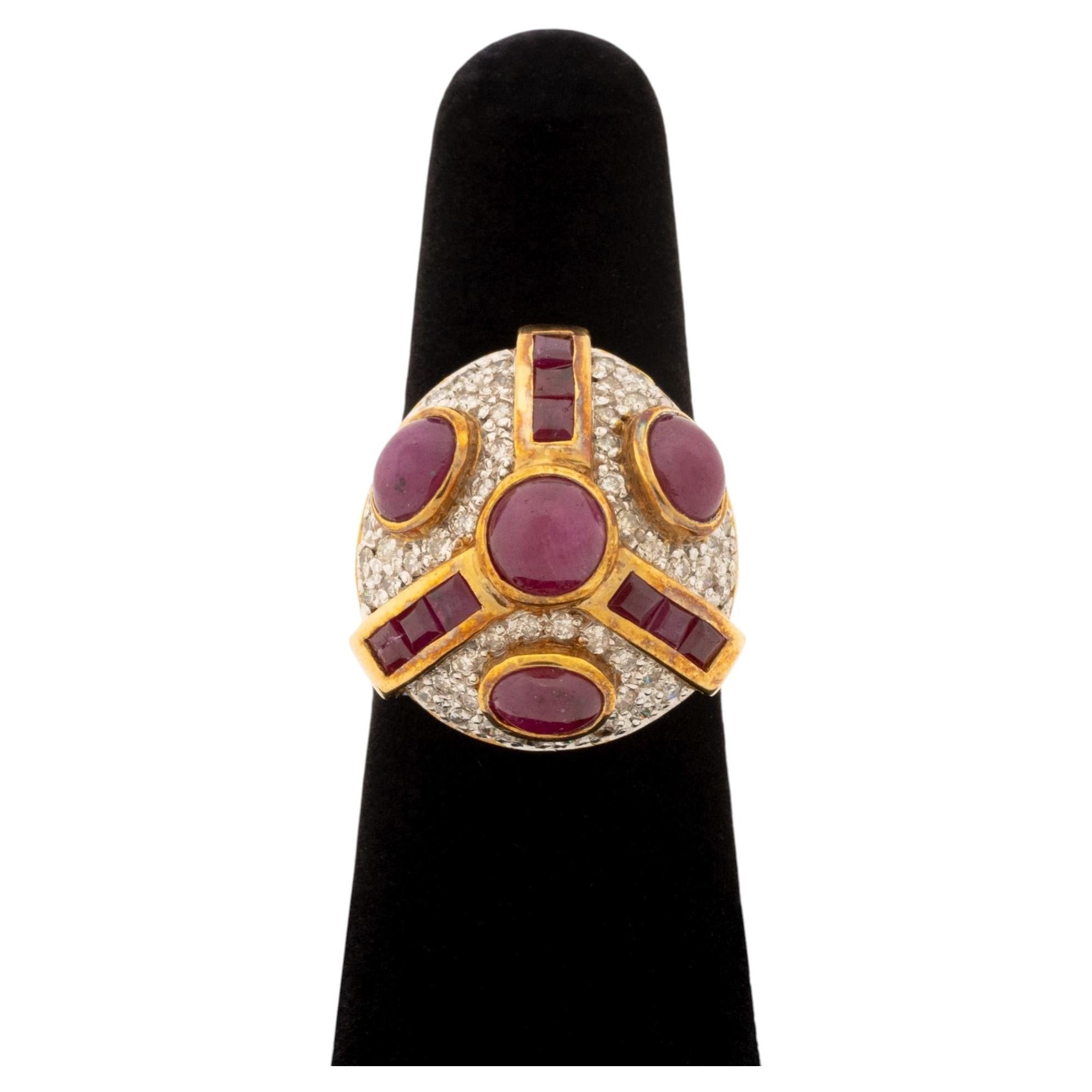 Modernist 18K Yellow Gold Ruby and Diamond Cocktail Ring For Sale
