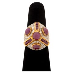 Modernist 18K Yellow Gold Ruby and Diamond Cocktail Ring