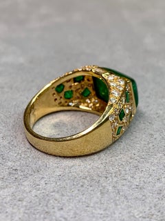 Modernist 18k Yellow Gold Sugarloaf Cabochon Emerald Baguette Diamond Ring