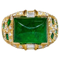 Modernist 18k Yellow Gold Sugarloaf Cabochon Emerald Baguette Diamond Ring