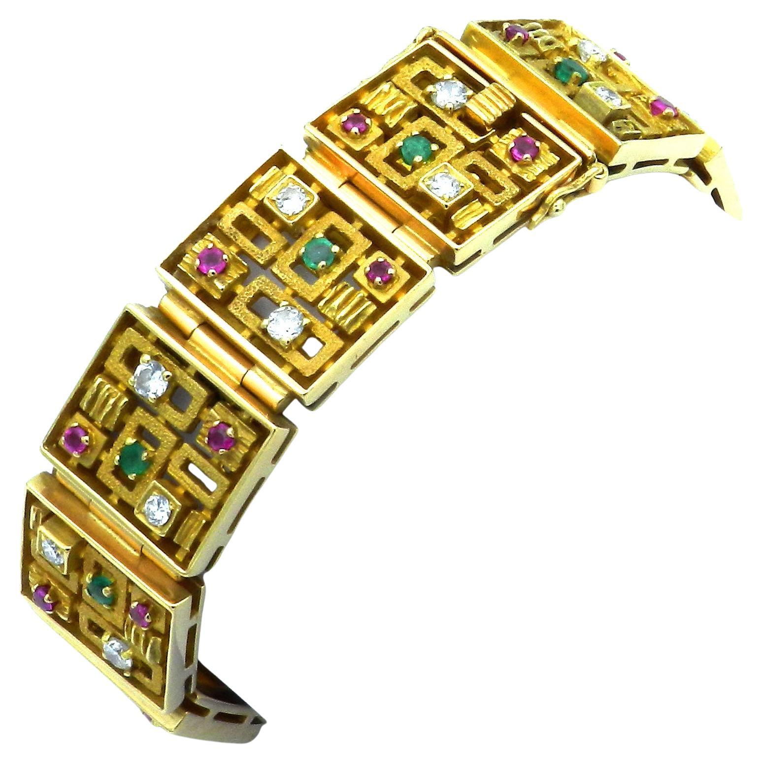 Bracelet moderniste en or 18K de 1,9 carat de diamants, rubis et émeraudes Meran 1970