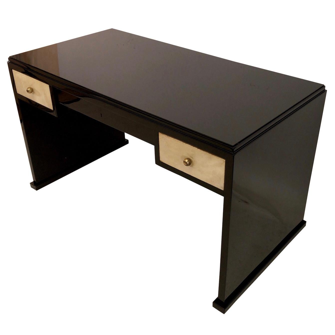 Blackened Modernist 1930s French Art Deco Office Desk Black Lacquer and Parchment Drawers