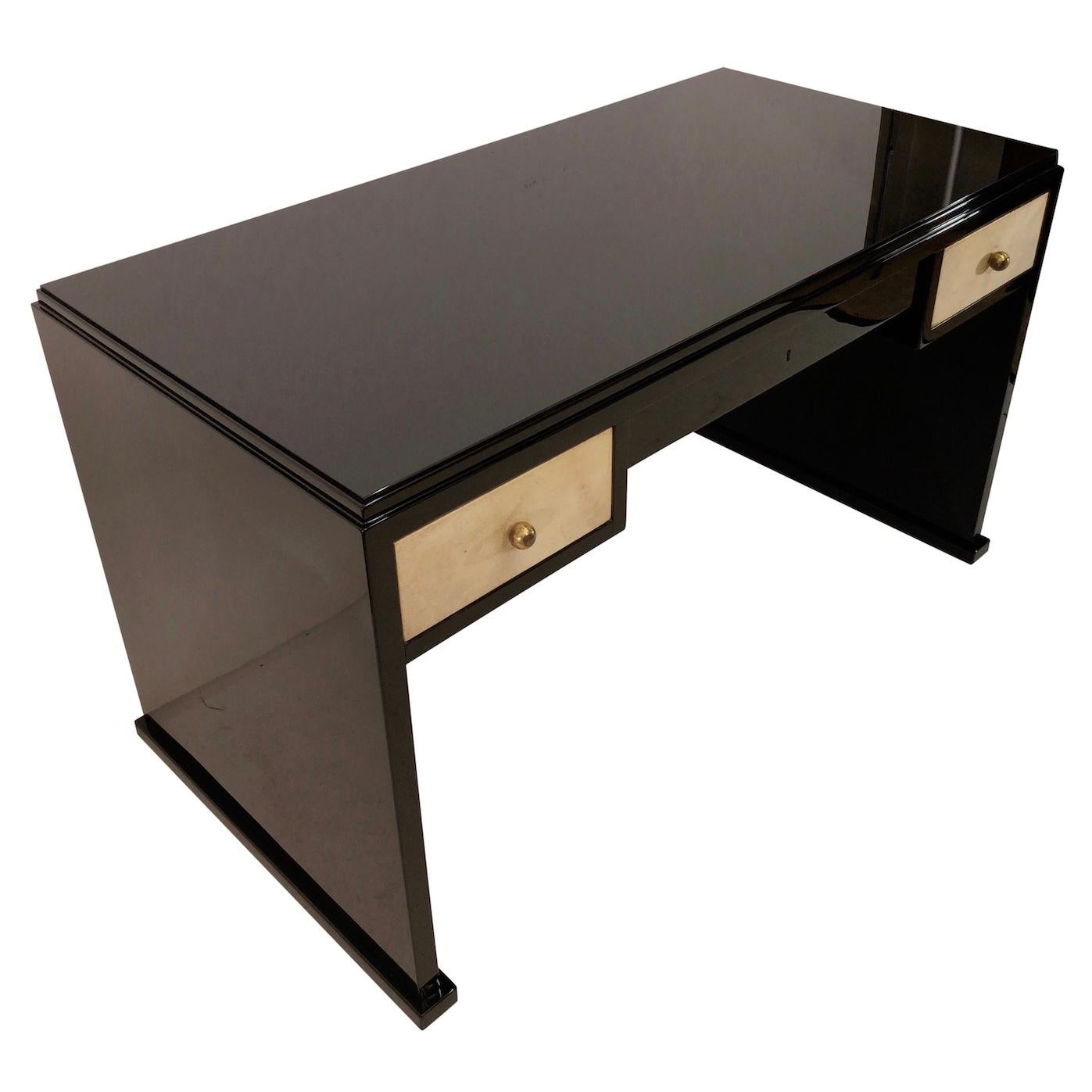 Modernist 1930s French Art Deco Office Desk Black Lacquer and Parchment Drawers In Good Condition In Ulm, DE