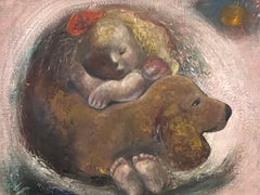 Modernist 1939 Oil Painting of Girl and her Dog by American Artist Nura Ulreich