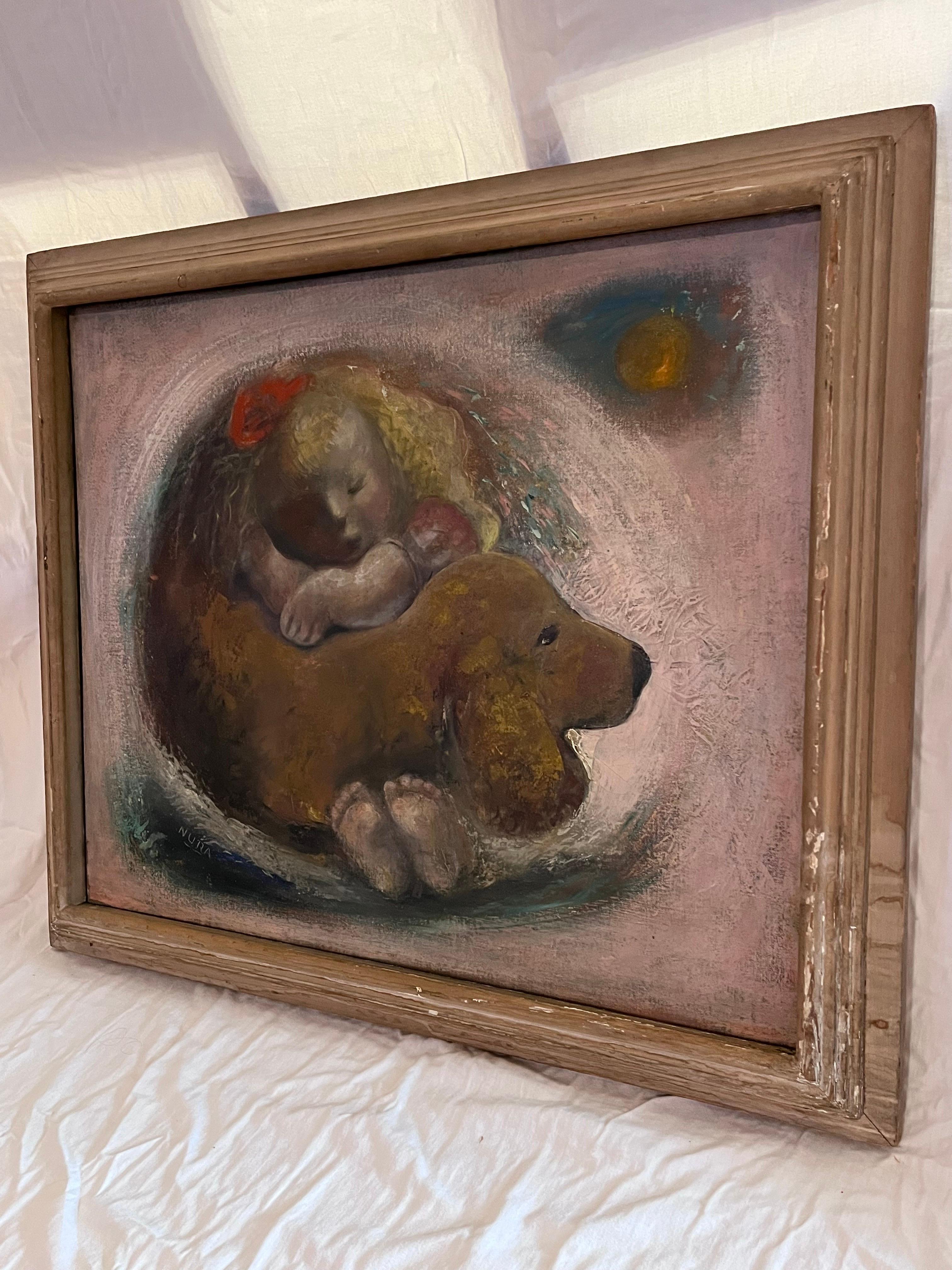 Mid-Century Modern Modernist 1939 Oil Painting of Girl and her Dog by American Artist Nura Ulreich For Sale