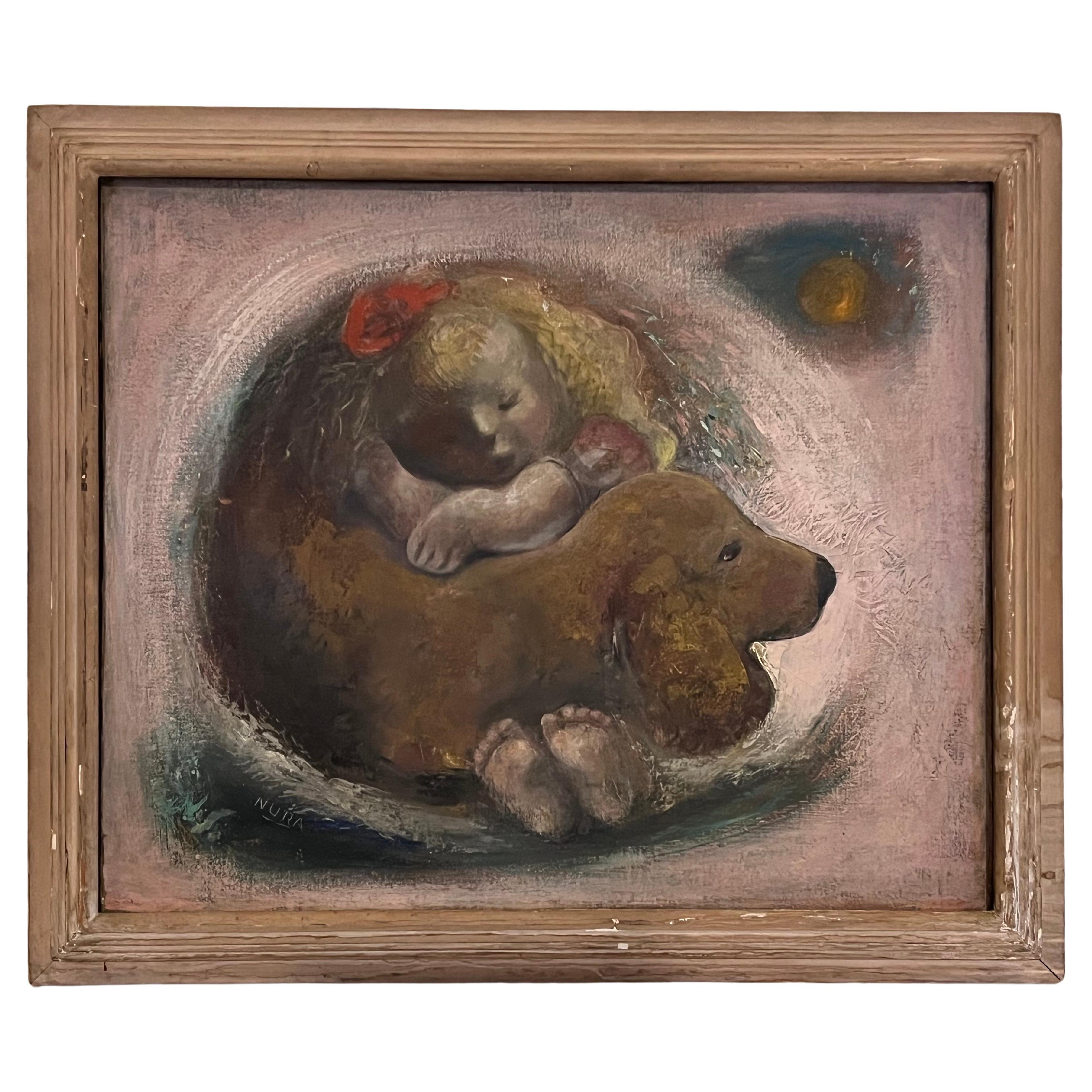 Modernist 1939 Oil Painting of Girl and her Dog by American Artist Nura Ulreich For Sale