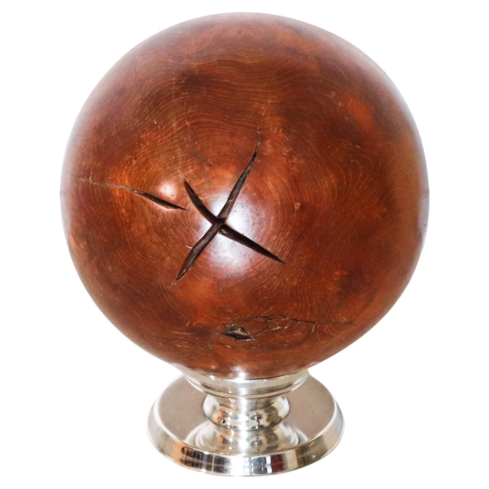 MODERNIST 1950 Decorative Sphere in Carved Wood With Chromed Base Stand For Sale