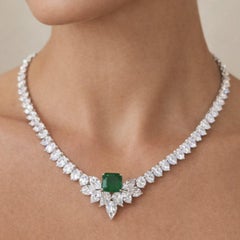 MODERNIST 1950 Platinum Necklace With 4.18 Carat Emerald & 34.00 CTW Diamonds.