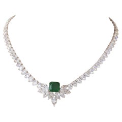 MODERNIST 1950 Platinum Necklace With 4.18 Carat Emerald & 34.00 CTW Diamonds.