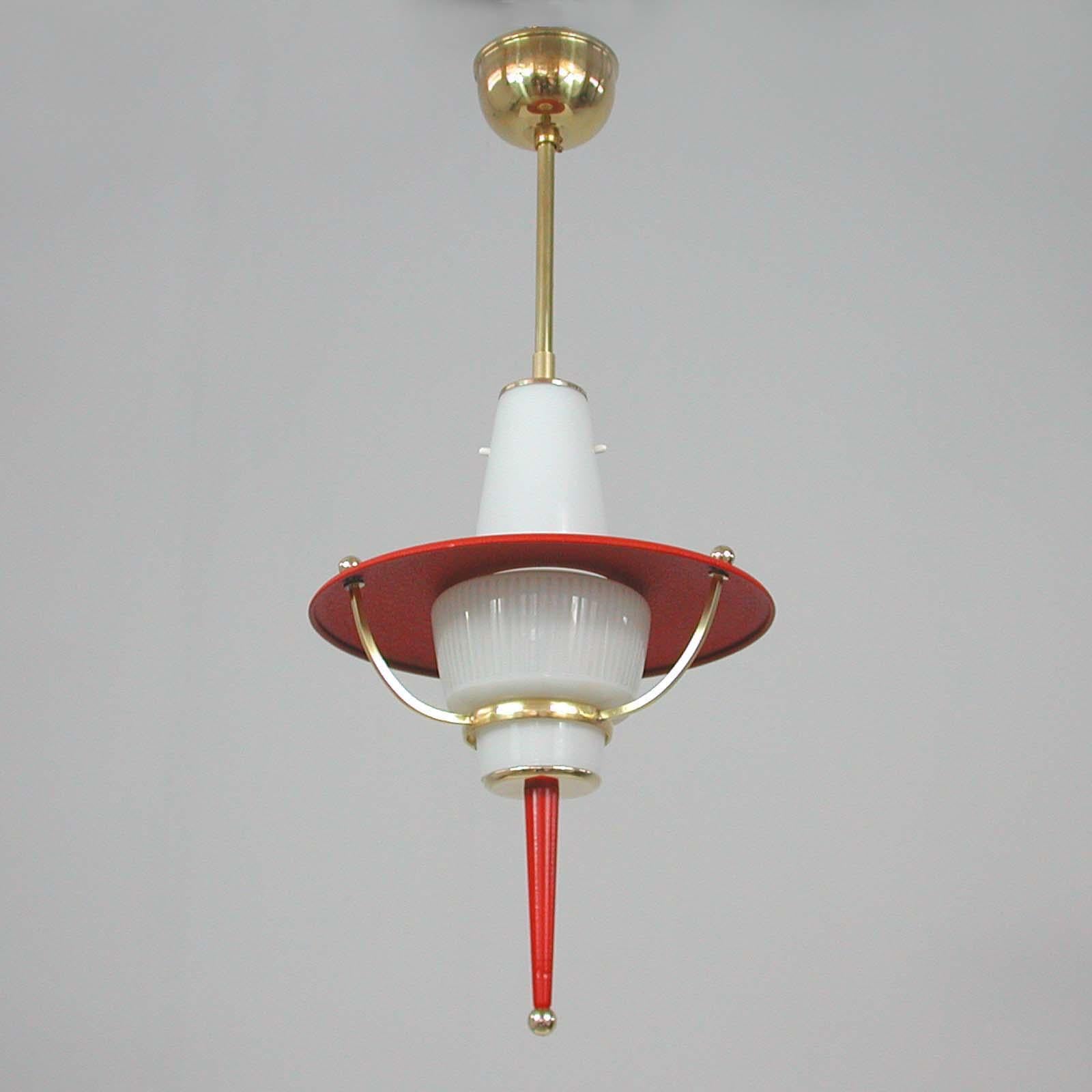 Modernist 1950s Italian Red Lantern, Milk Glass & Brass For Sale 4