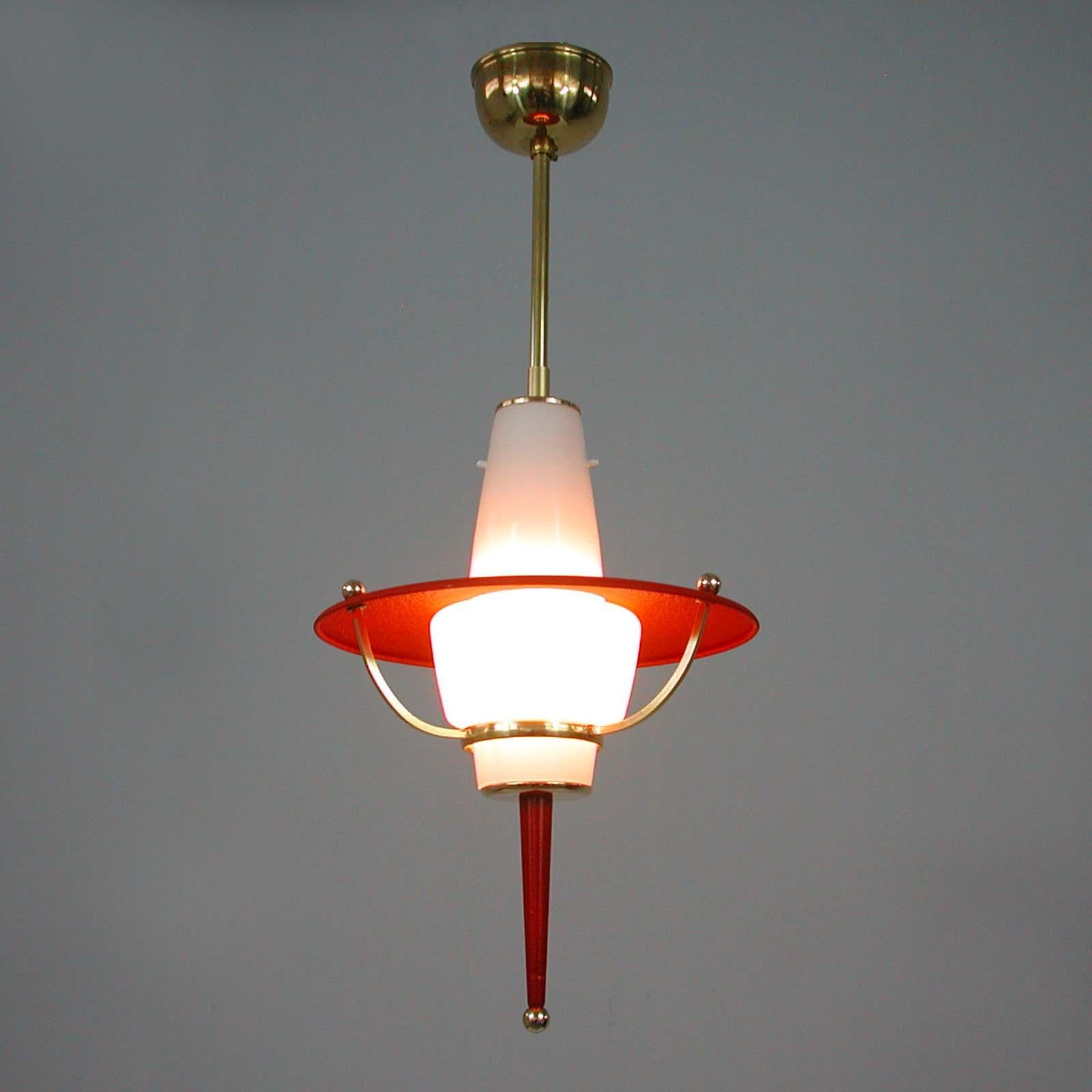 Modernist 1950s Italian Red Lantern, Milk Glass & Brass For Sale 5