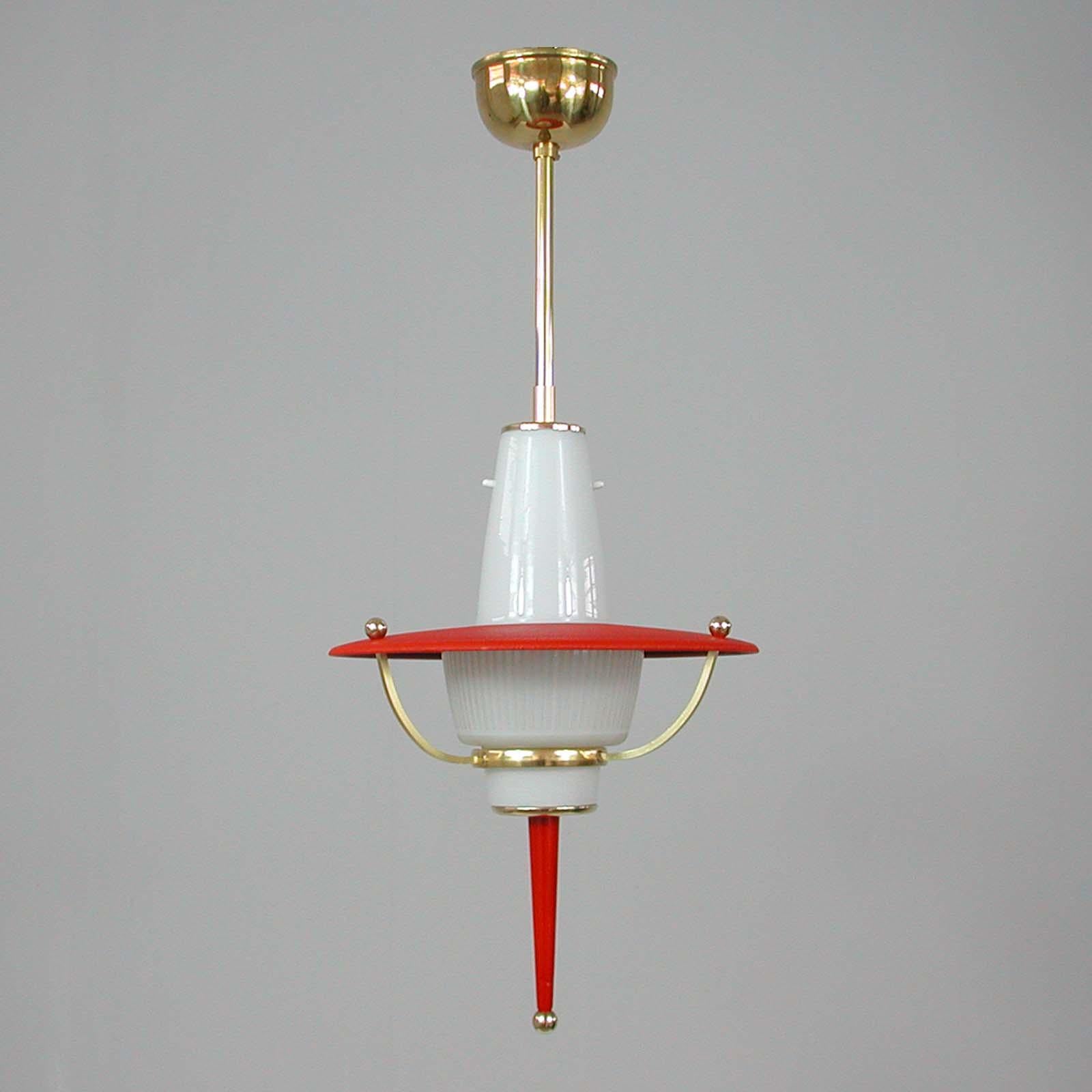 Mid-Century Modern Modernist 1950s Italian Red Lantern, Milk Glass & Brass For Sale