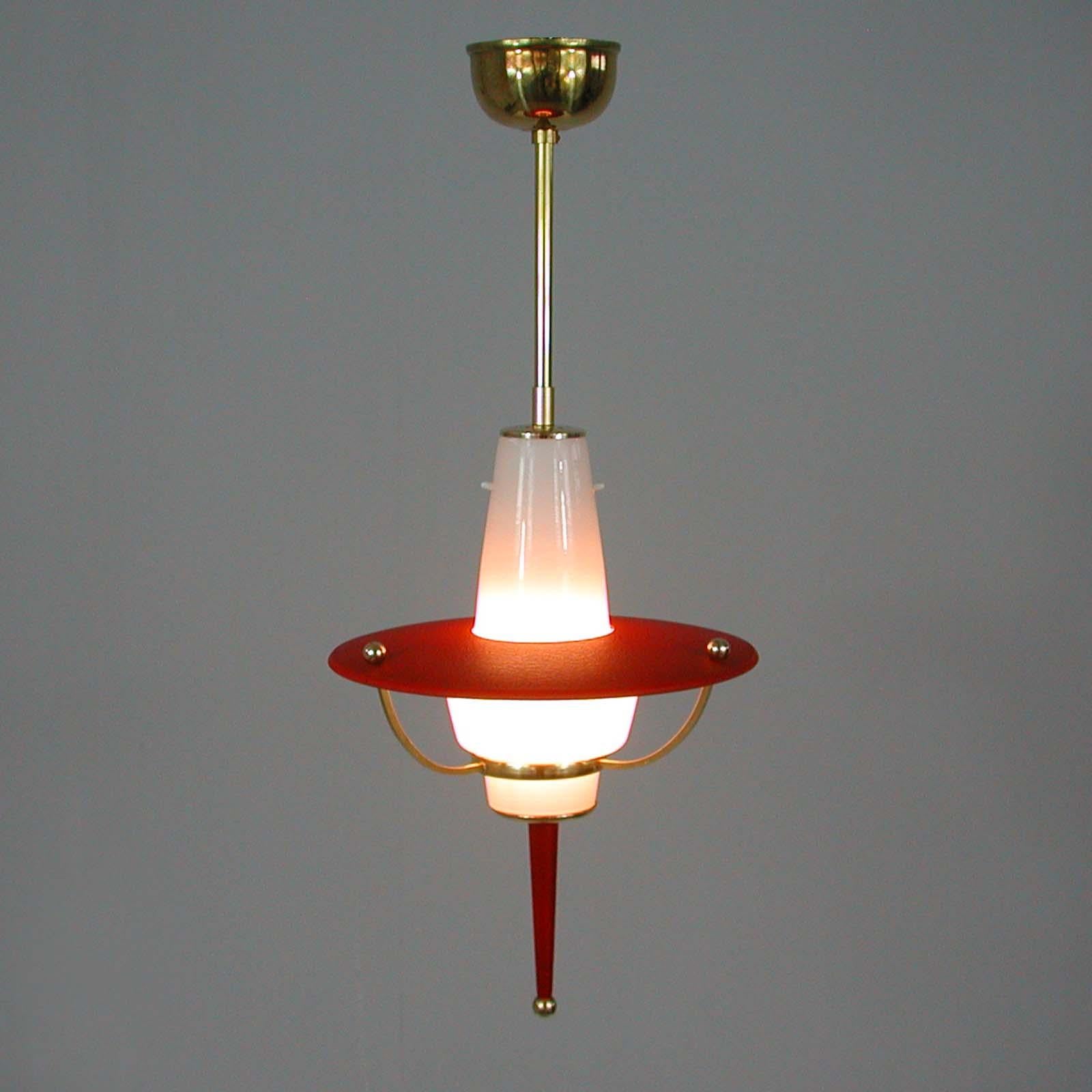 Lacquered Modernist 1950s Italian Red Lantern, Milk Glass & Brass For Sale