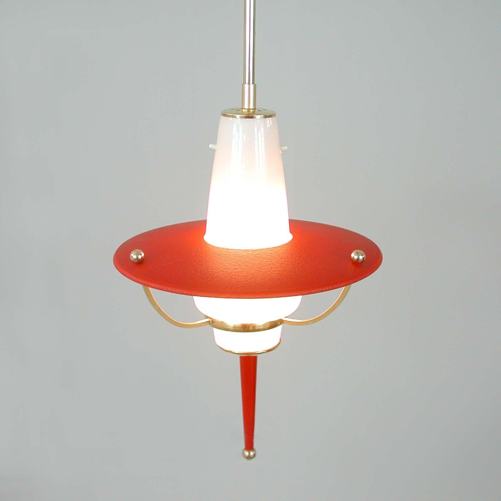 Mid-20th Century Modernist 1950s Italian Red Lantern, Milk Glass & Brass For Sale