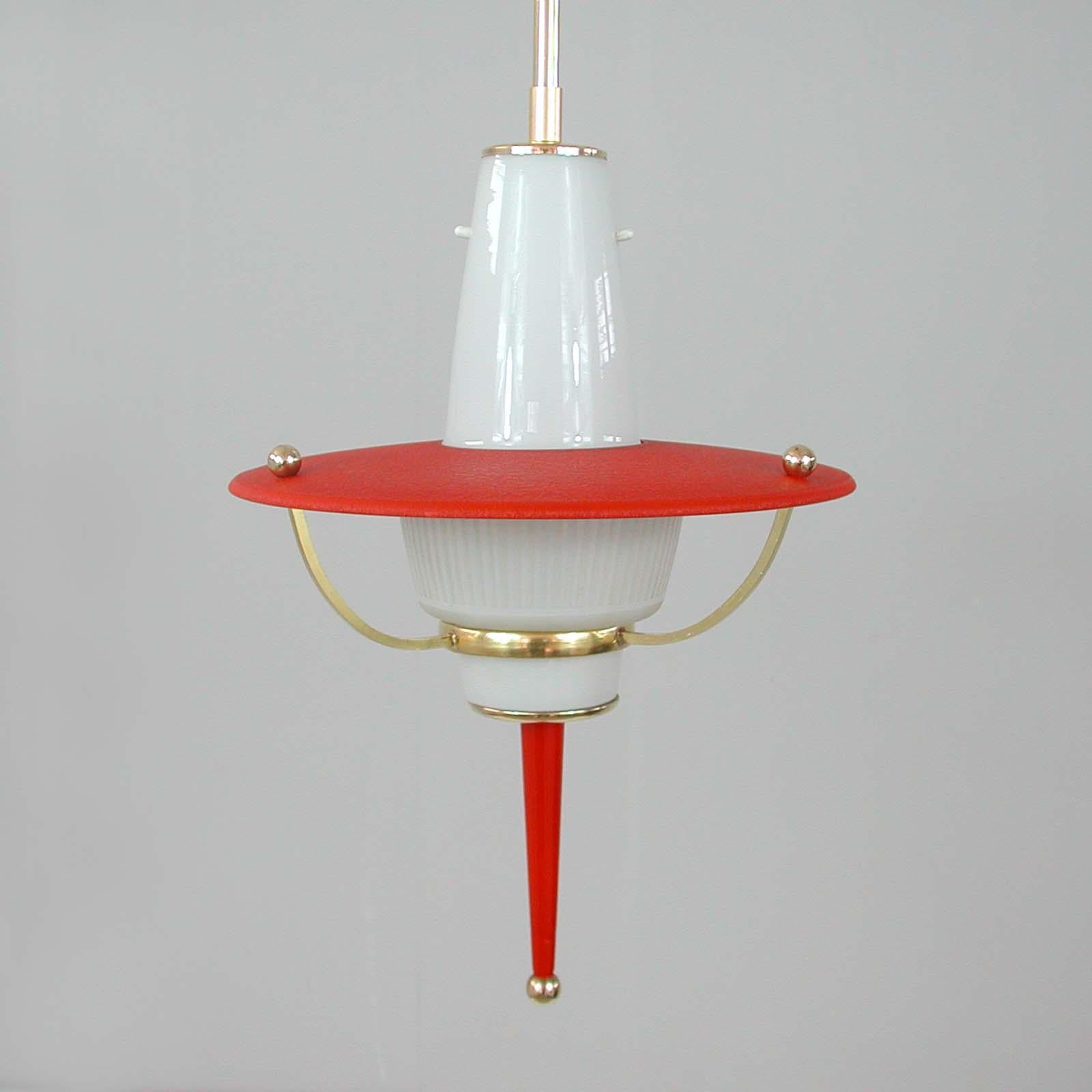 Metal Modernist 1950s Italian Red Lantern, Milk Glass & Brass For Sale