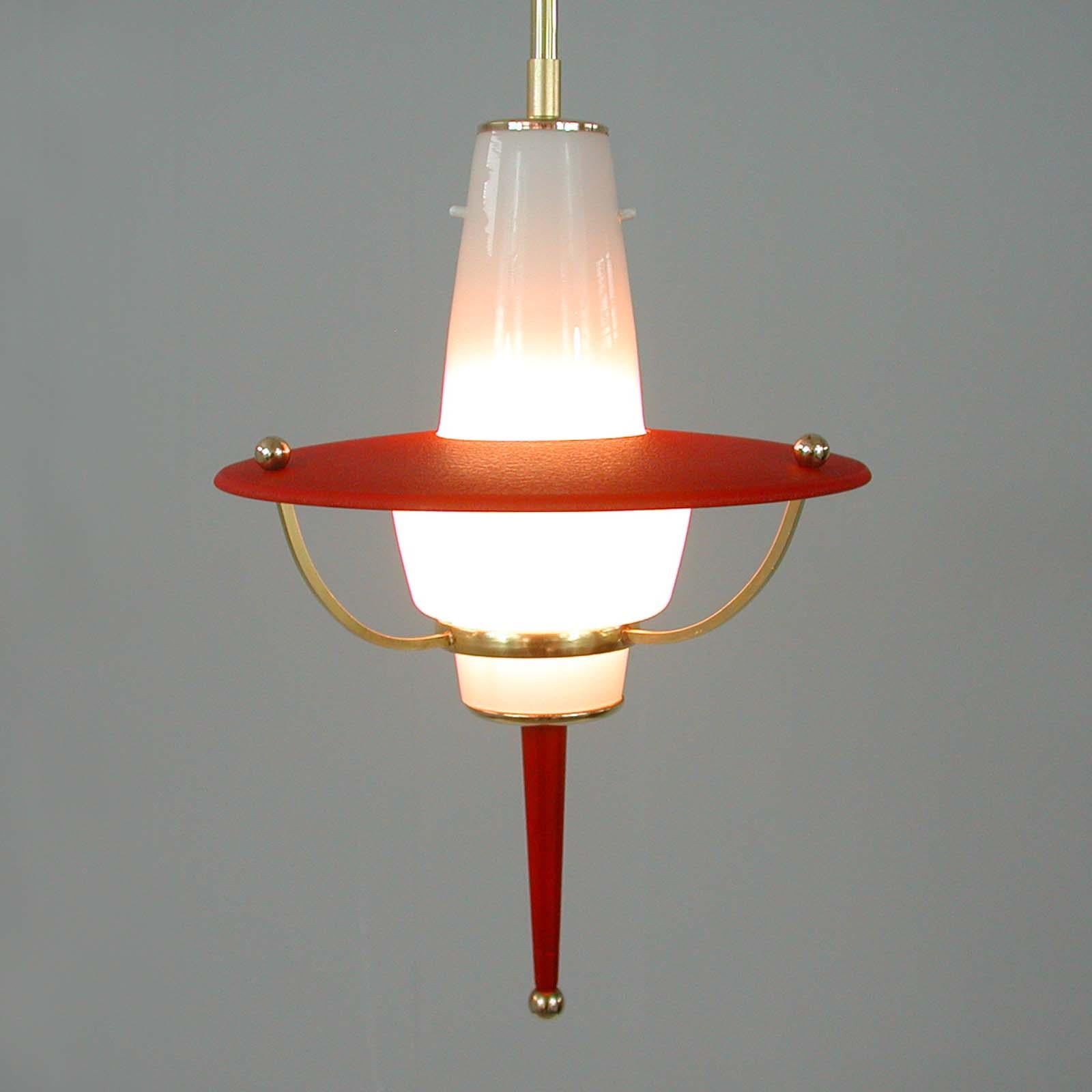 Modernist 1950s Italian Red Lantern, Milk Glass & Brass For Sale 1
