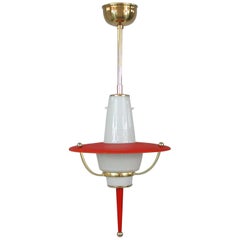 Modernist 1950s Italian Red Lantern, Milk Glass & Brass