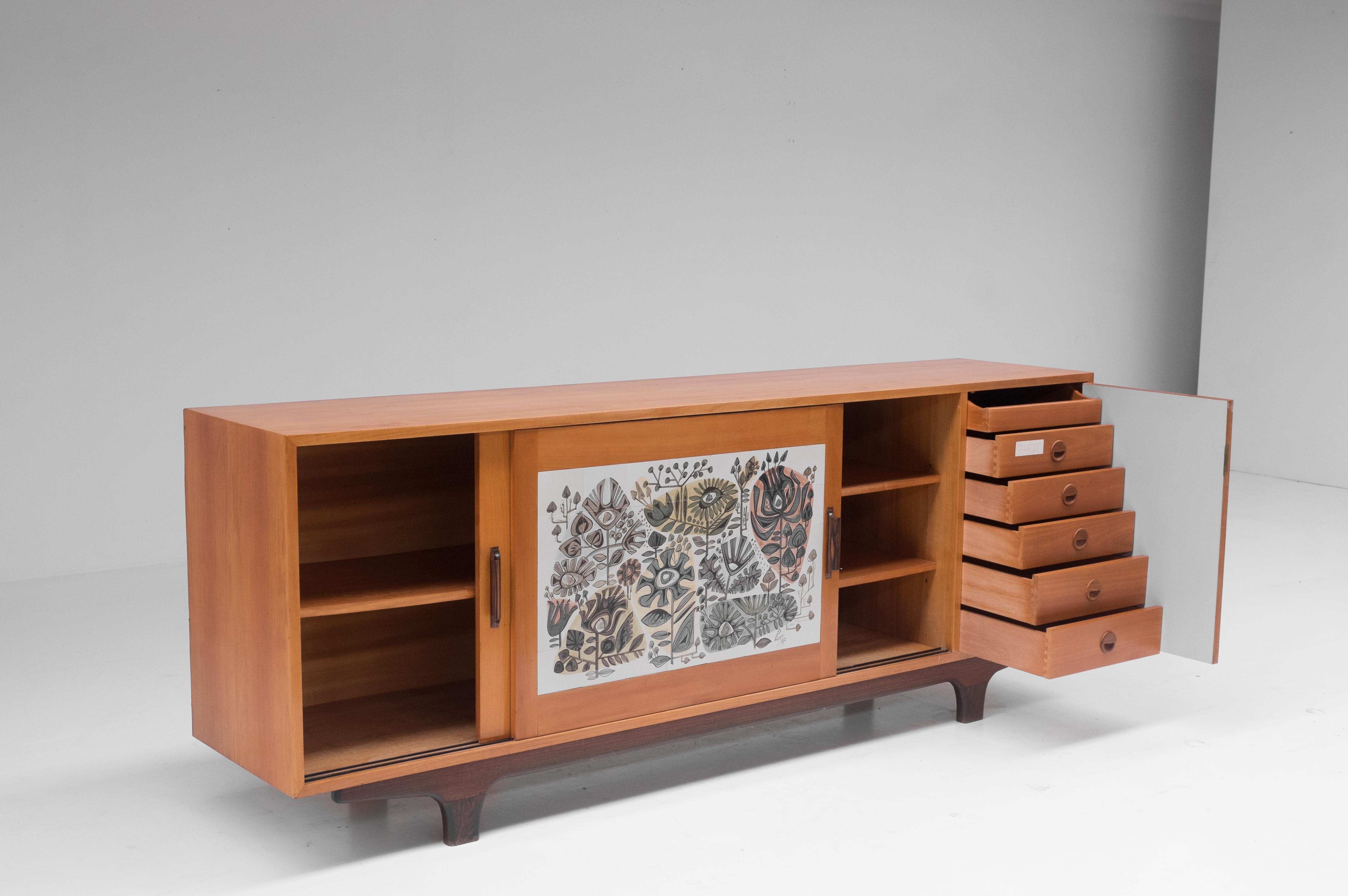 Modernist 1950s Sideboard with Perignem Ceramic and Macassar Details In Good Condition In Antwerp, BE