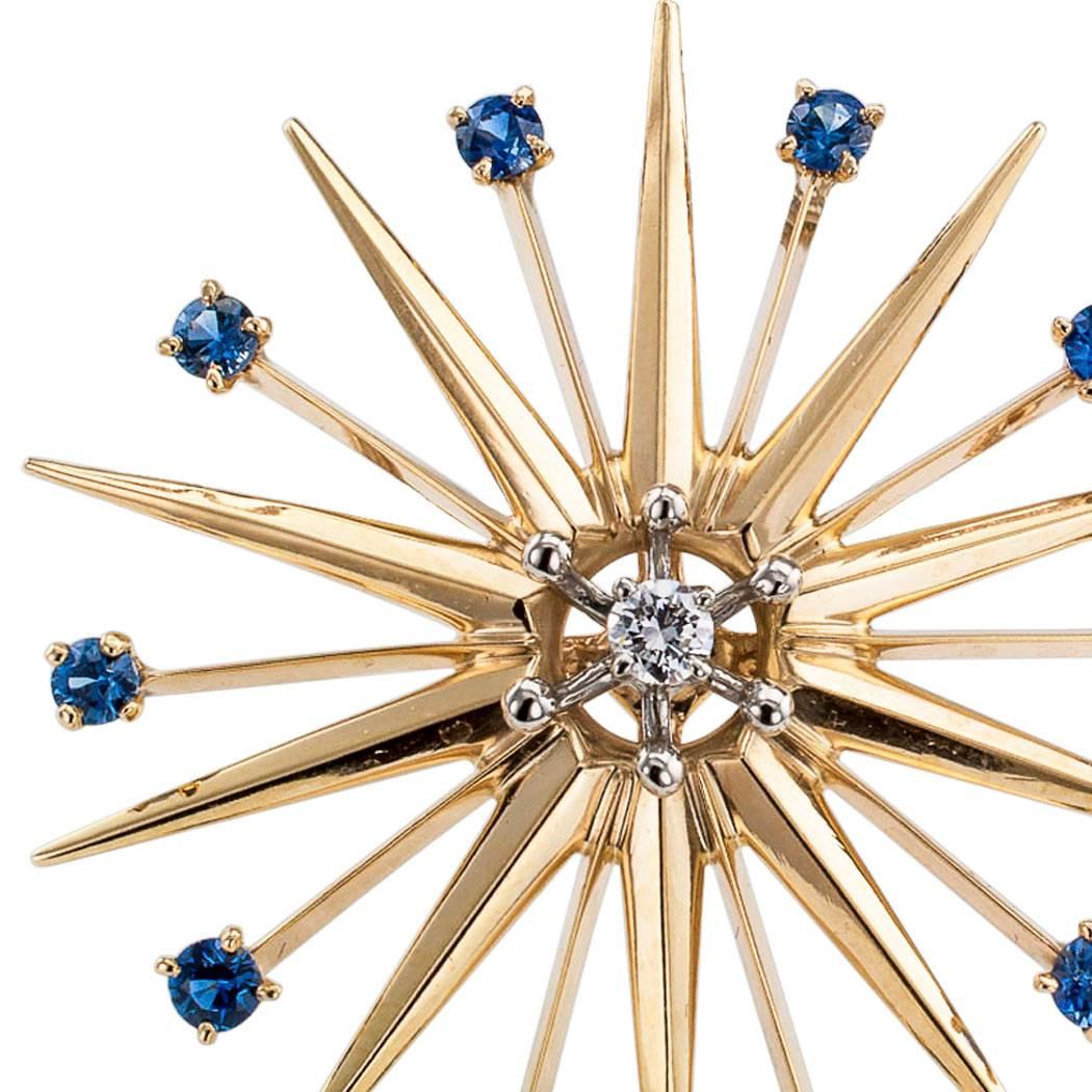 Modernist 1950s Starburst Sapphire Diamond Gold Palladium Brooch Pendant In Excellent Condition In Los Angeles, CA