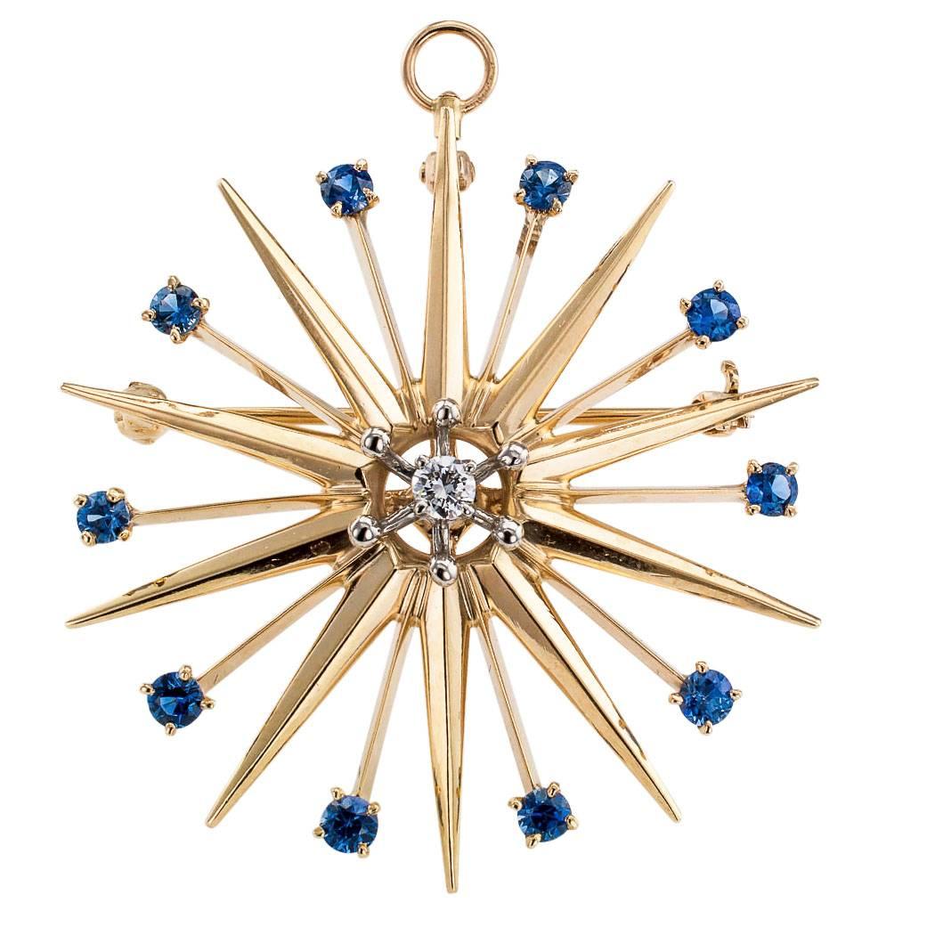Women's Modernist 1950s Starburst Sapphire Diamond Gold Palladium Brooch Pendant