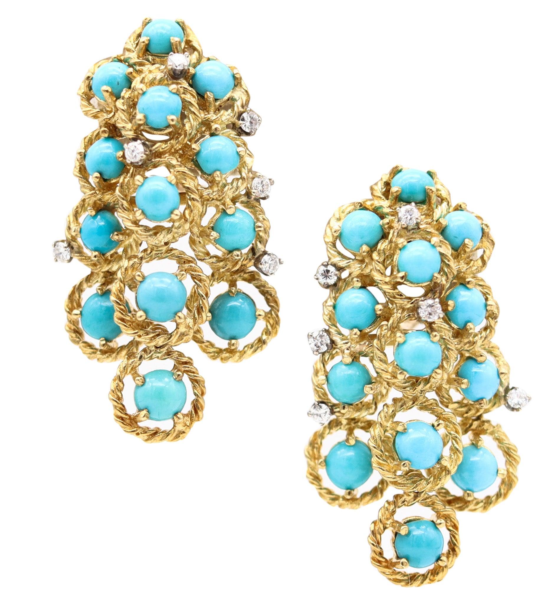 MODERNIST 1960 Cascade Dangle Earrings In 18Kt Gold With Turquoises 
Diamonds in vendita