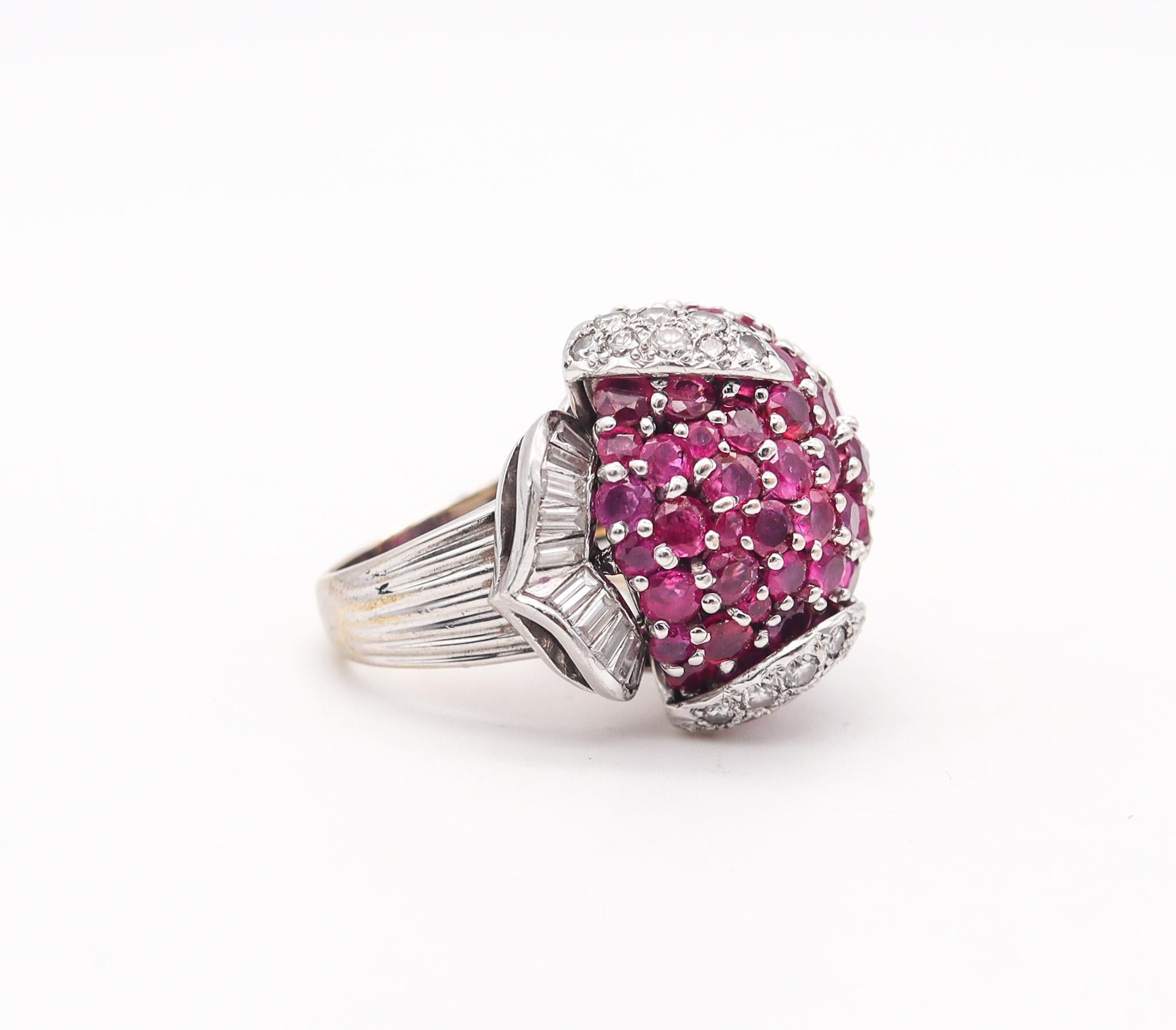 Mixed Cut Modernist 1960 Cocktail Ring In 18Kt Gold With 15.36 Ctw In Diamonds And Rubies For Sale