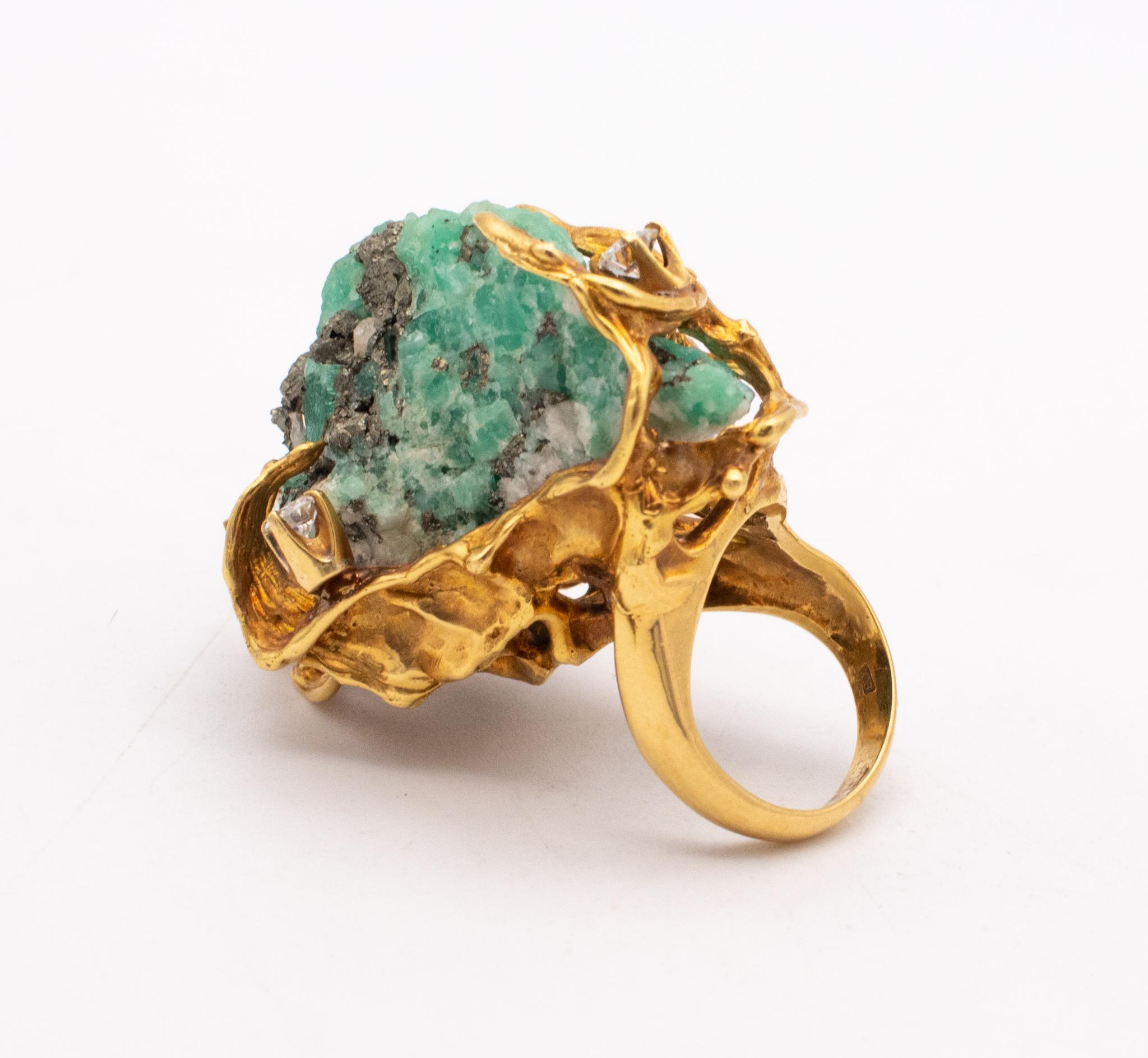 Mixed Cut Modernist 1960 Massive Cocktail Ring in 18k with VS Diamonds and Rough Emerald For Sale