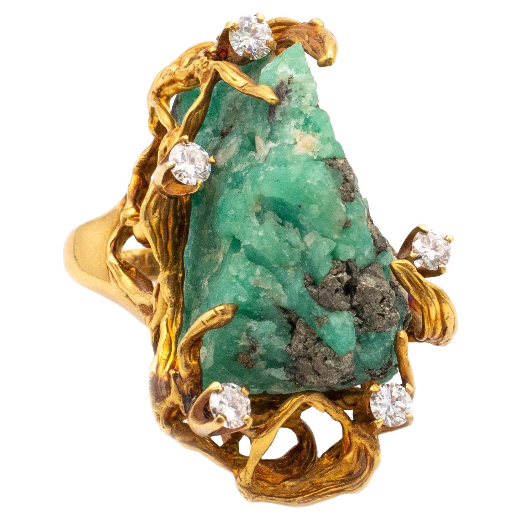 Modernist 1960 Massive Cocktail Ring in 18k with VS Diamonds and Rough Emerald For Sale