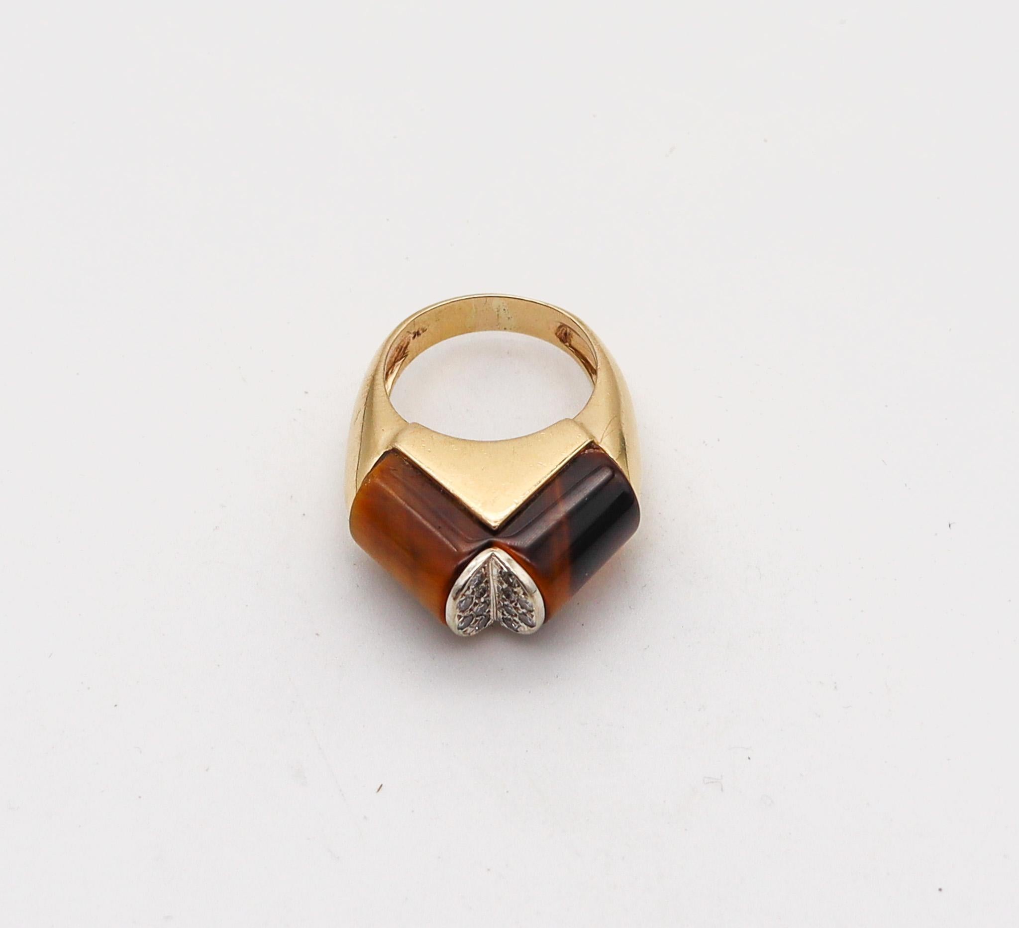 Mixed Cut Modernist 1960 Sculptural Geometric Ring In 14Kt Gold With Diamonds & Tiger Eye For Sale