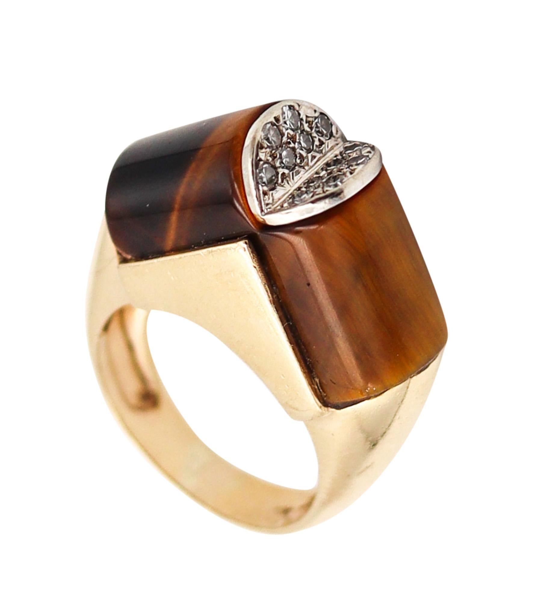 Modernist 1960 Sculptural Geometric Ring In 14Kt Gold With Diamonds & Tiger Eye For Sale
