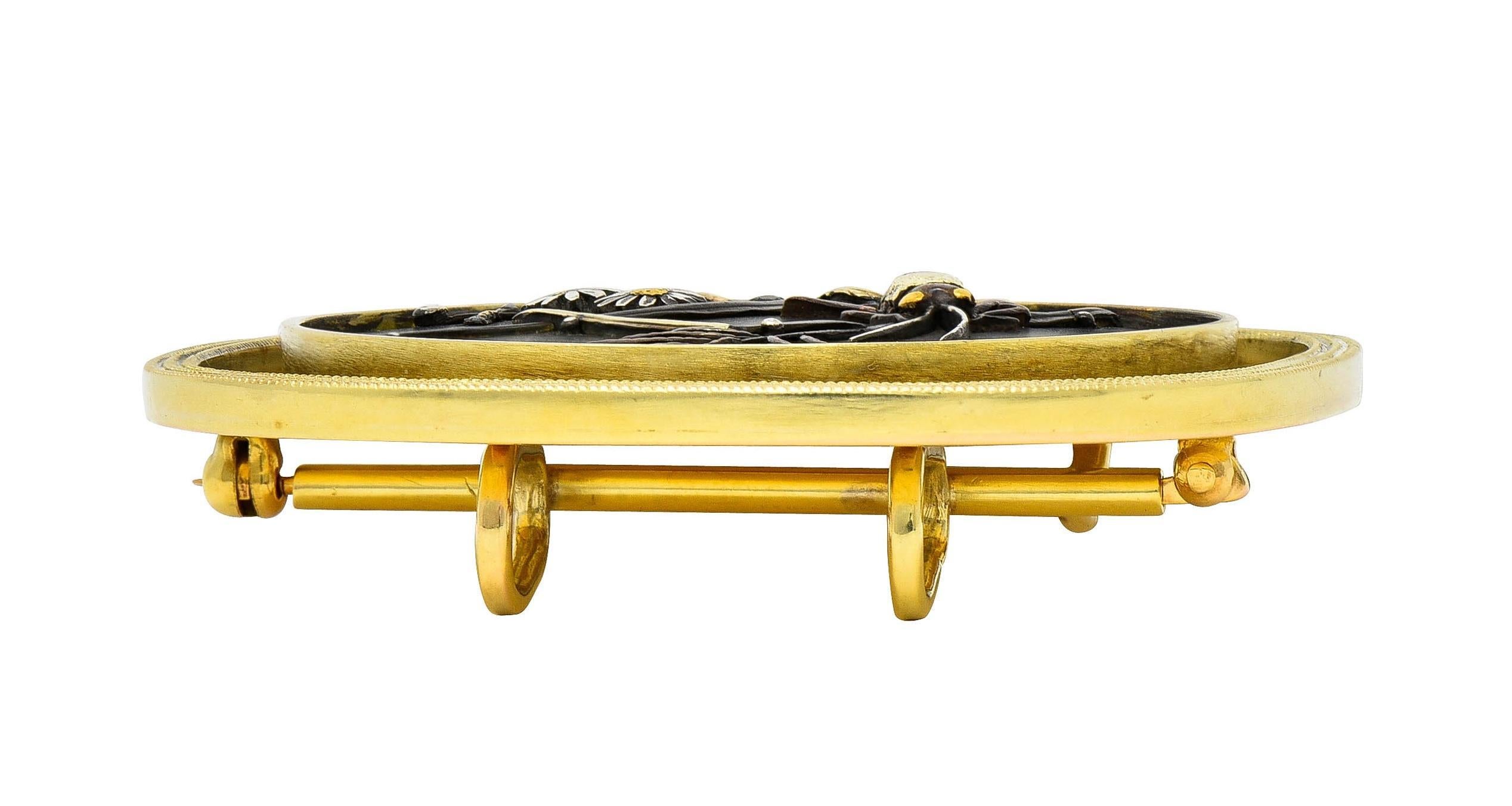 Modernist 1960's Shakudo 14 Karat Gold Grasshopper Daisy Vintage Pendant Brooch For Sale 6