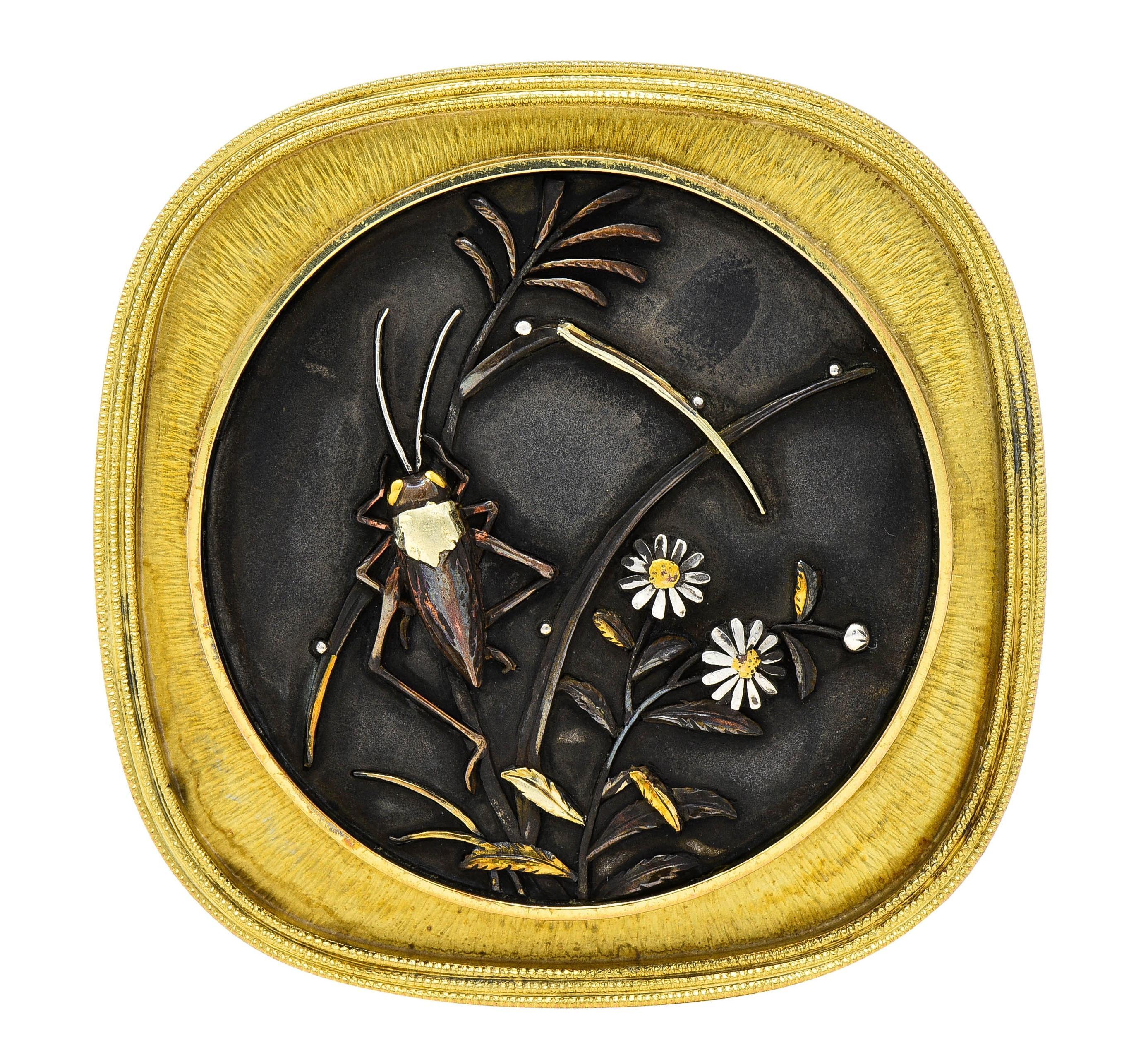 Modernist 1960's Shakudo 14 Karat Gold Grasshopper Daisy Vintage Pendant Brooch For Sale 7