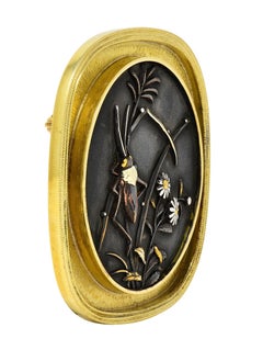 Modernist 1960's Shakudo 14 Karat Gold Grasshopper Daisy Vintage Pendant Brooch