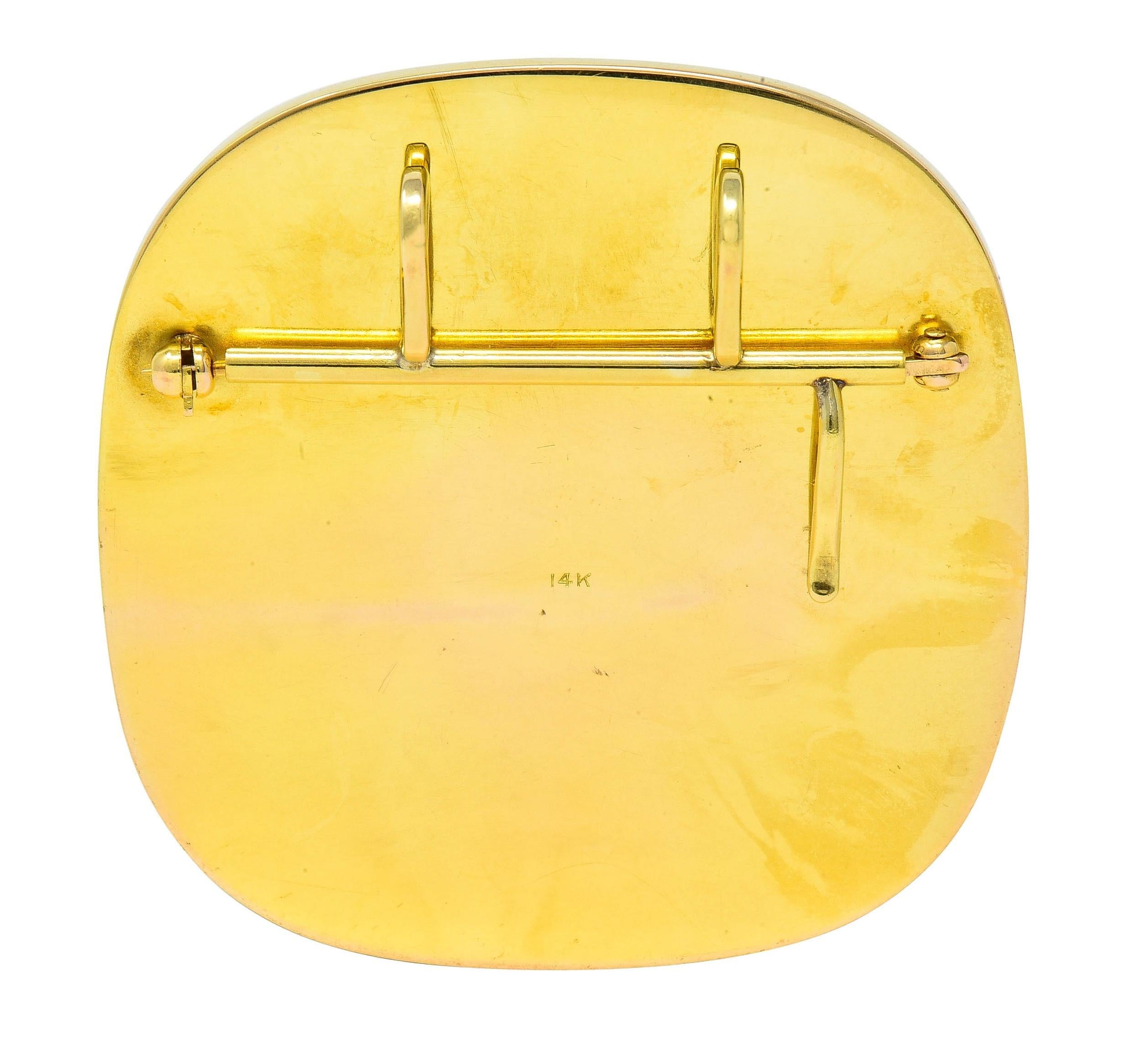 Round Cut Modernist 1960's Shakudo 14 Karat Gold Grasshopper Daisy Vintage Pendant Brooch For Sale