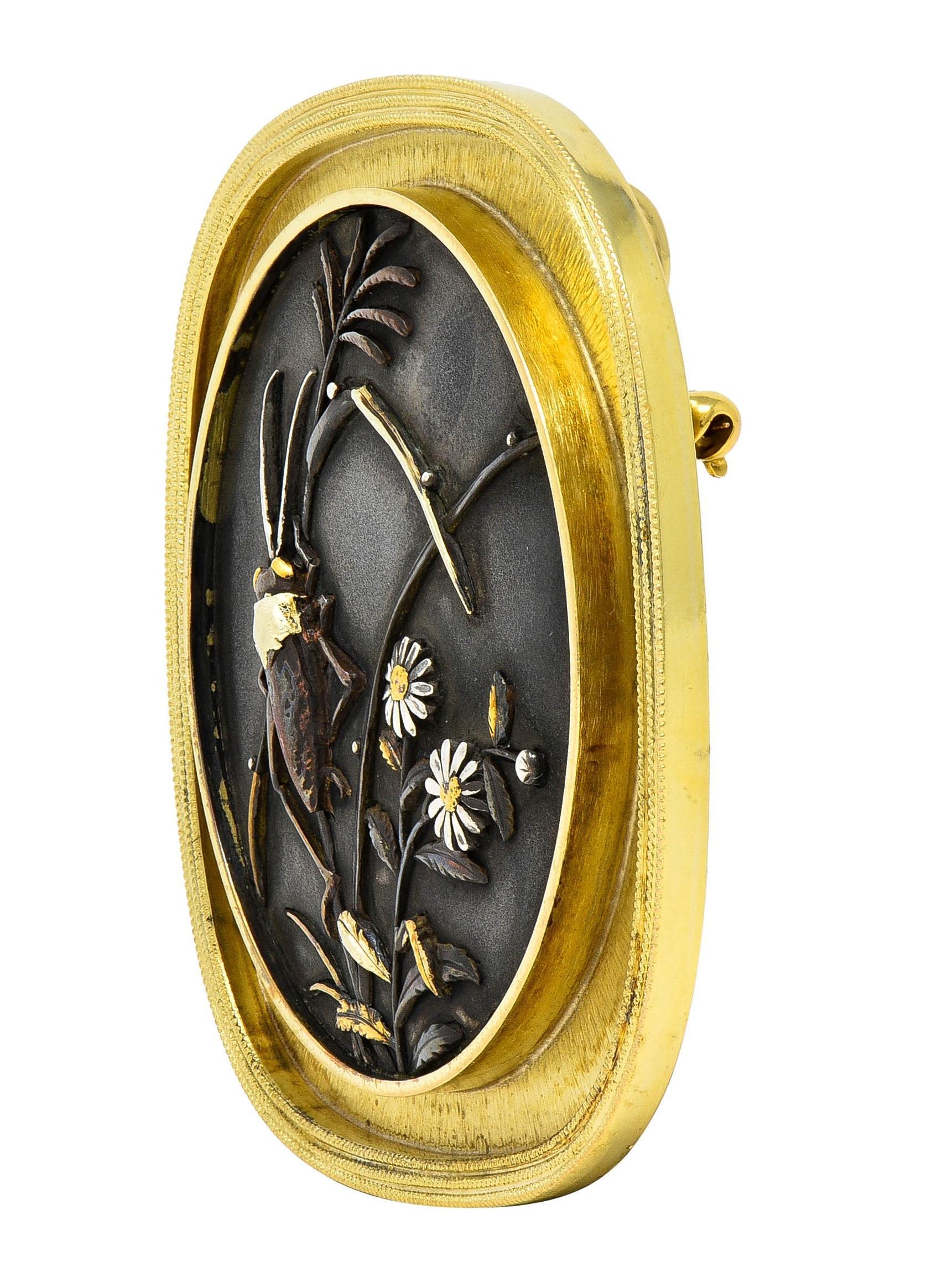 Modernist 1960's Shakudo 14 Karat Gold Grasshopper Daisy Vintage Pendant Brooch In Excellent Condition For Sale In Philadelphia, PA