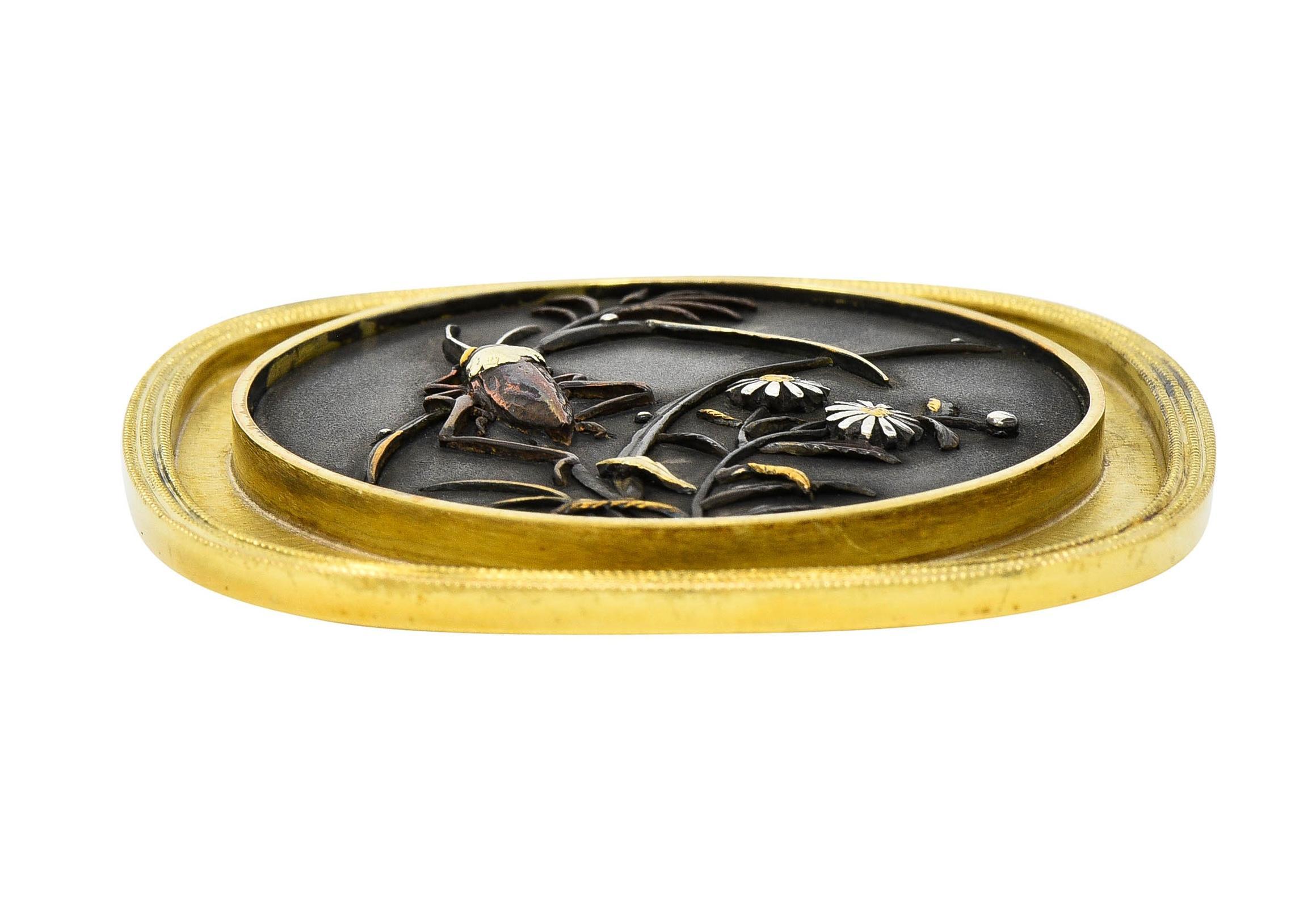 Modernist 1960's Shakudo 14 Karat Gold Grasshopper Daisy Vintage Pendant Brooch For Sale 4