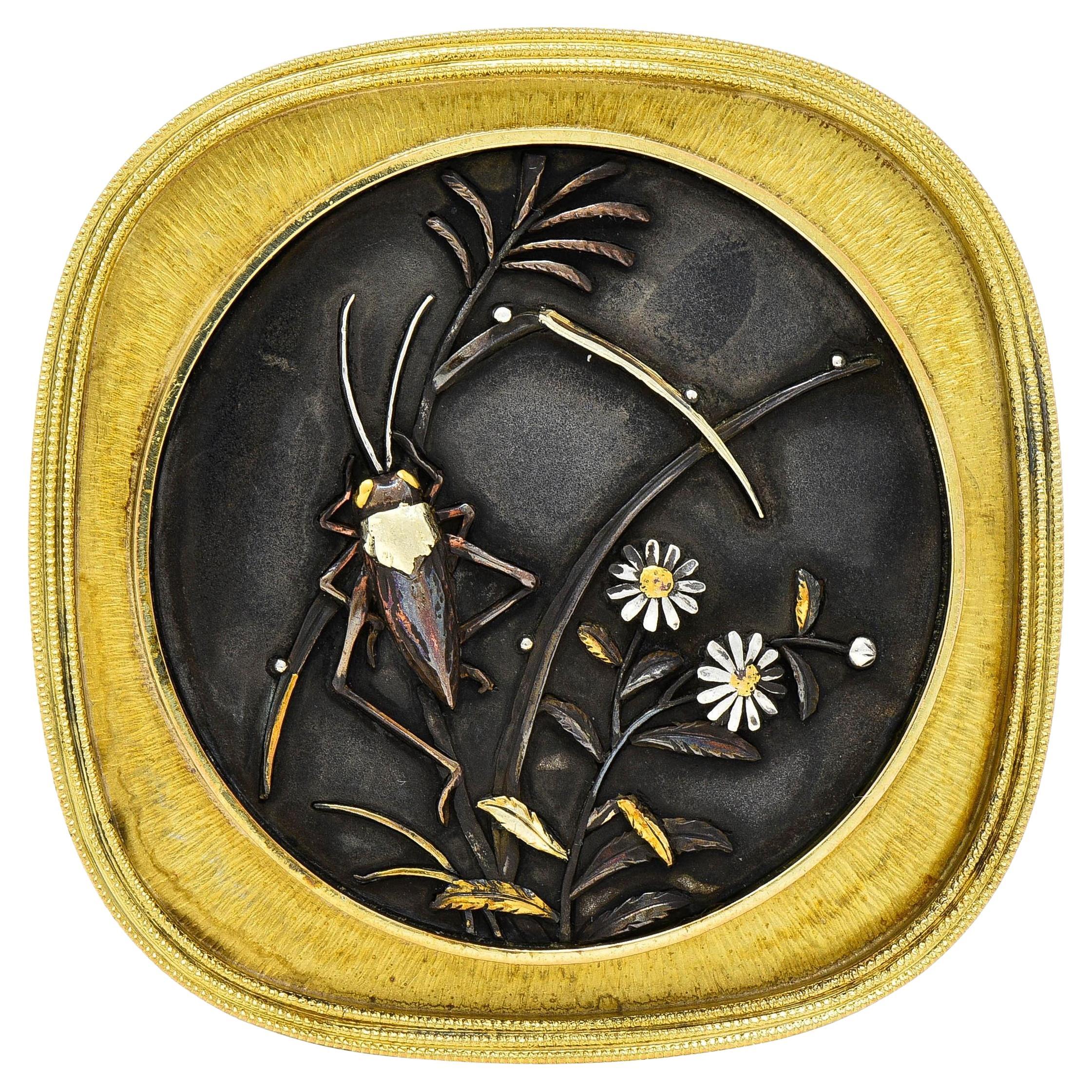 Modernist 1960's Shakudo 14 Karat Gold Grasshopper Daisy Vintage Pendant Brooch For Sale