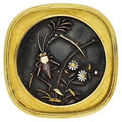 Modernist 1960's Shakudo 14 Karat Gold Grasshopper Daisy Vintage Pendant Brooch